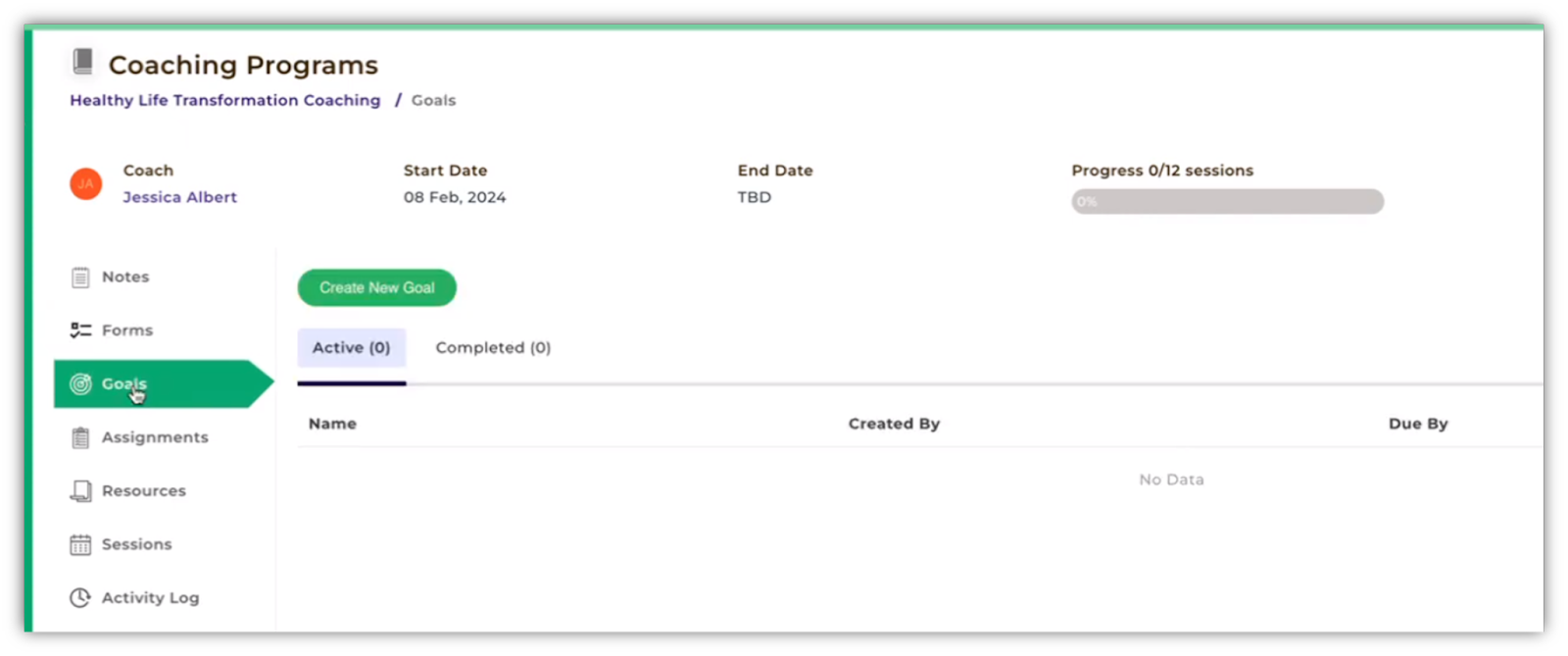 Goal setting feature in CoachVantage’s client portal.