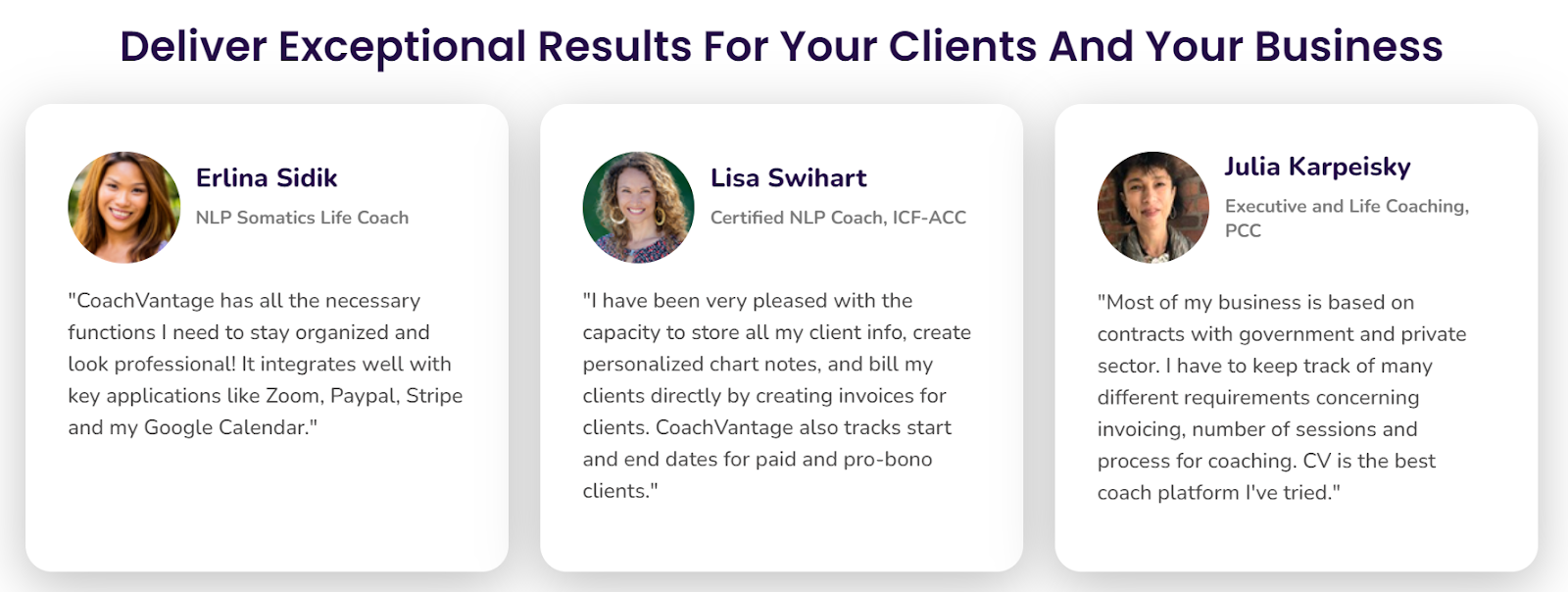 Customer testimonials on CoachVantage’s homepage
