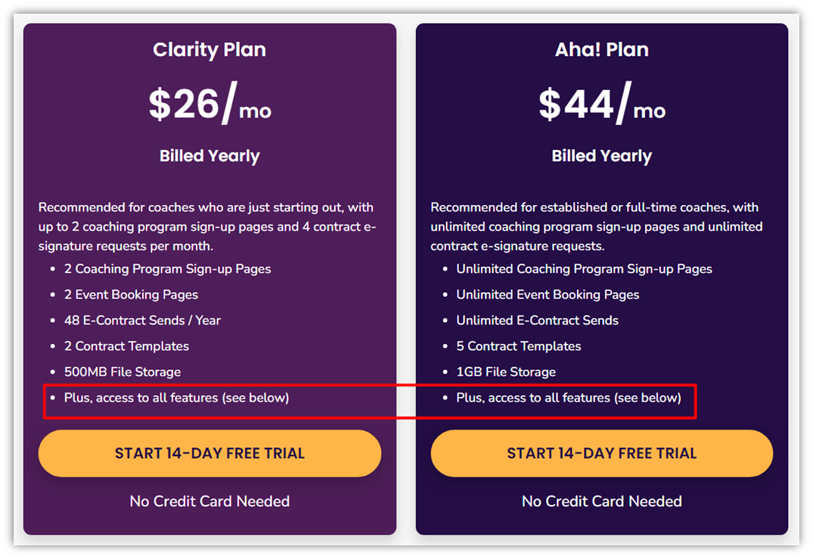CoachVantage pricing table