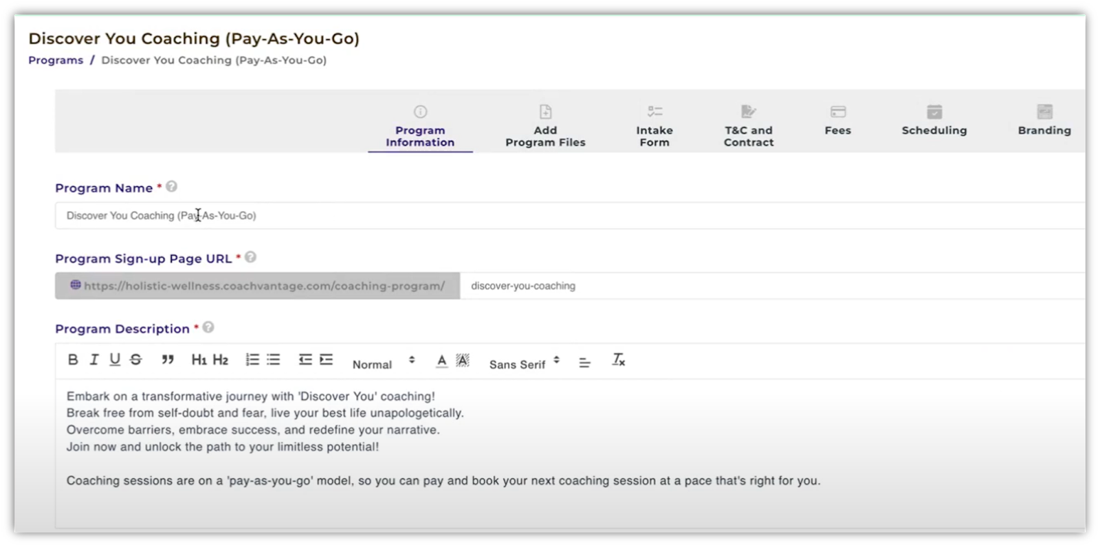 CoachVantage program structure creation feature.