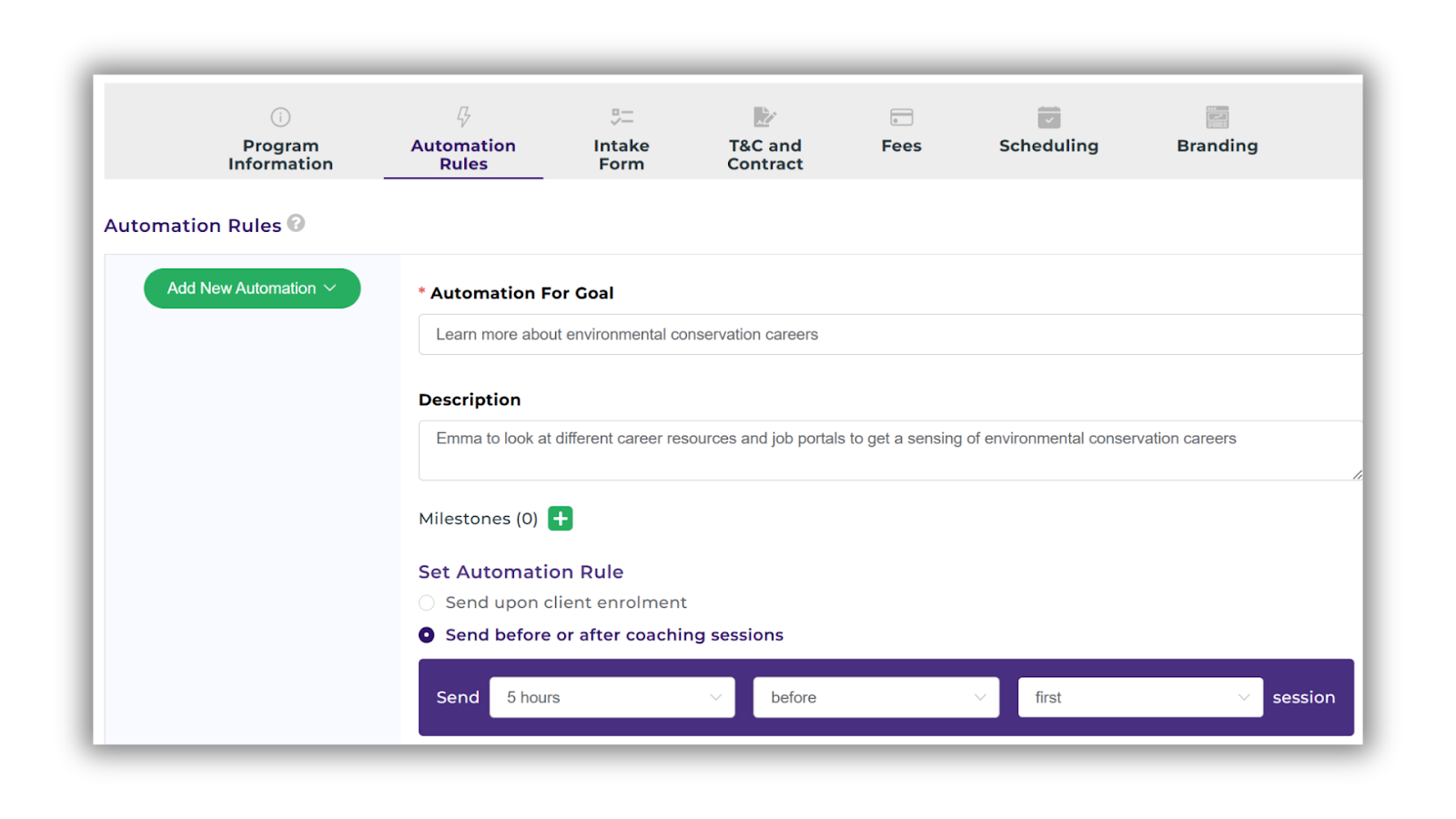 CoachVantage feature which allows life coaches to set automated goals with their clients.