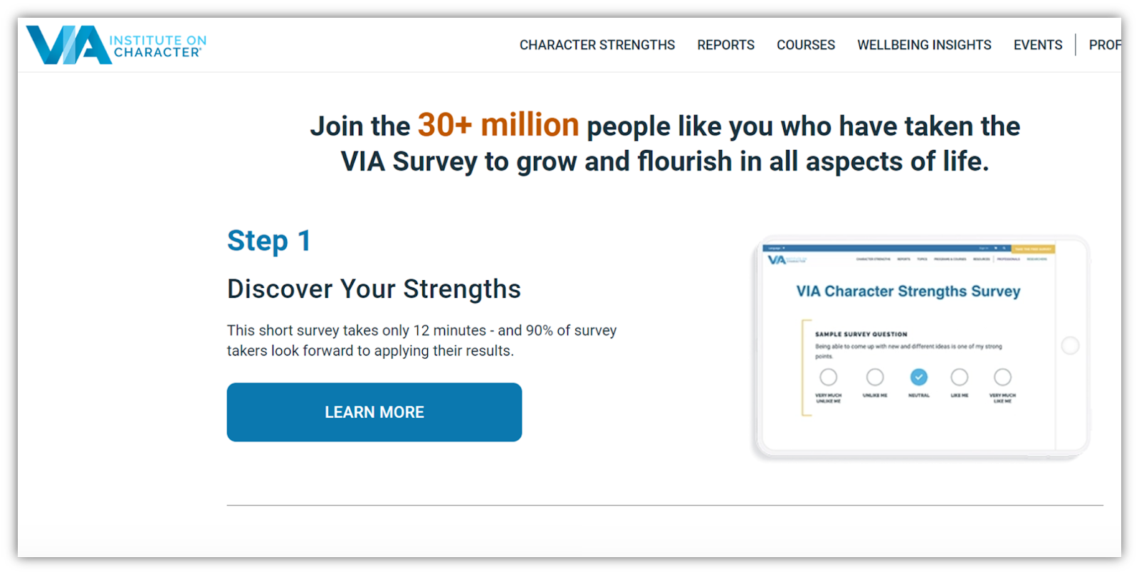 The VIA Character Strengths Survey homepage.