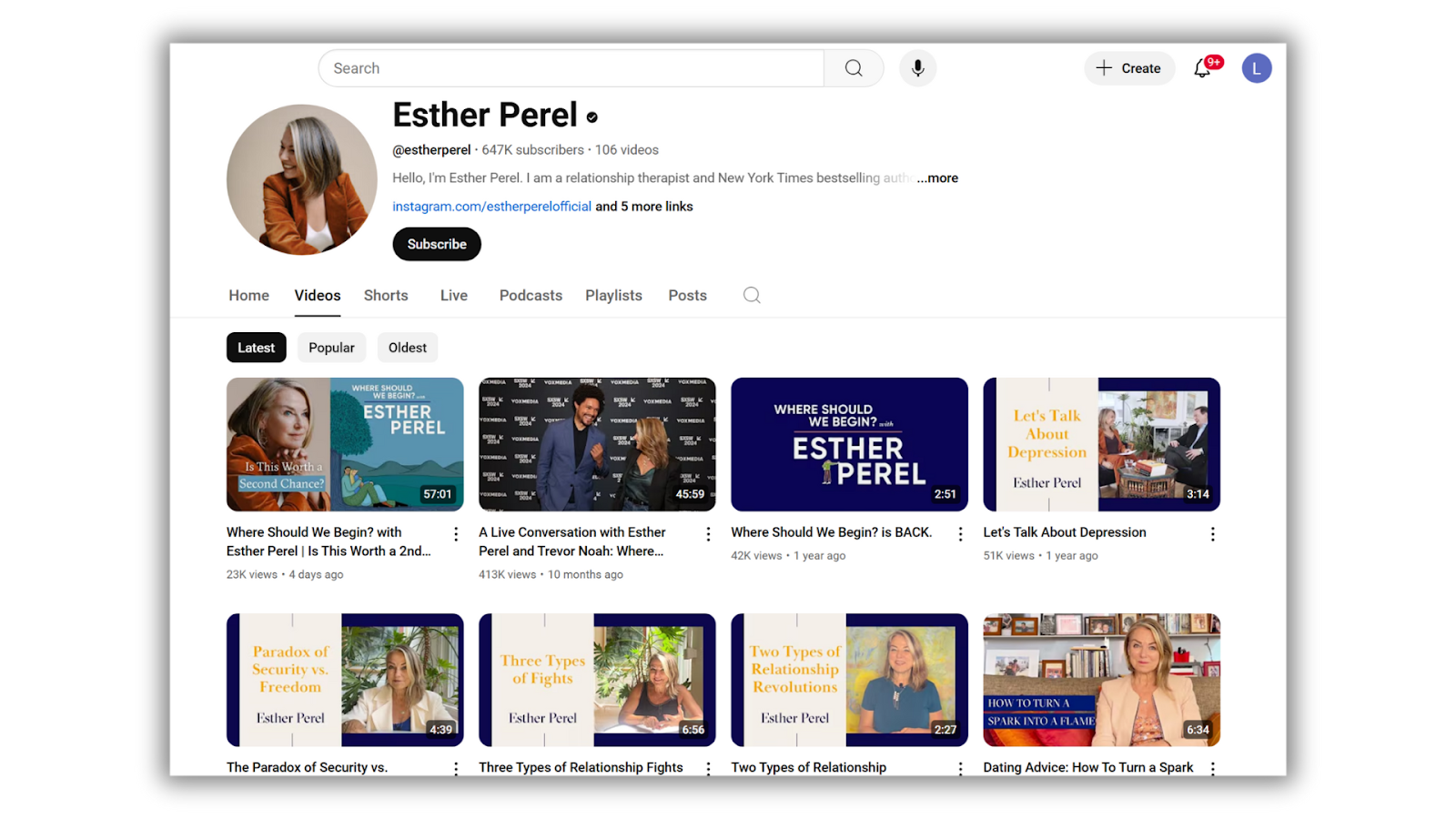 YouTube channel of psychotherapist and life coach Esther Perel.