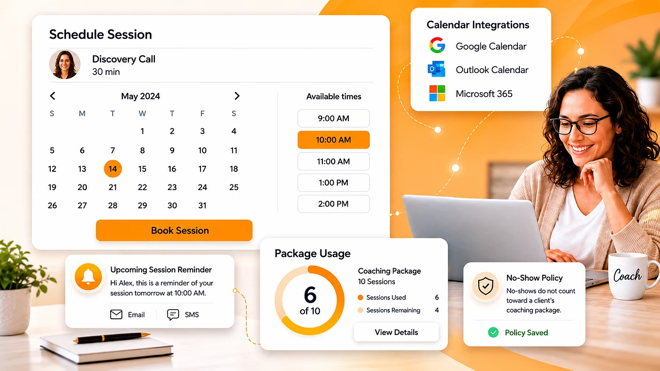 Coach using CoachVantage scheduling software with calendar integrations, automated reminders, package tracking, and flexible appointment management