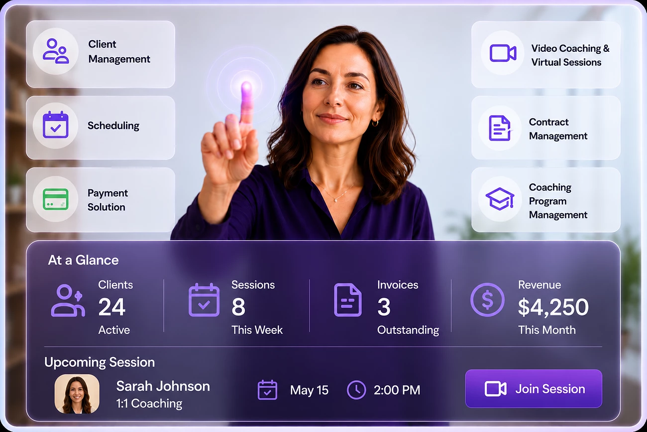 Coach using CoachVantage coaching software platform with client management, scheduling, payments, contracts, and video coaching features