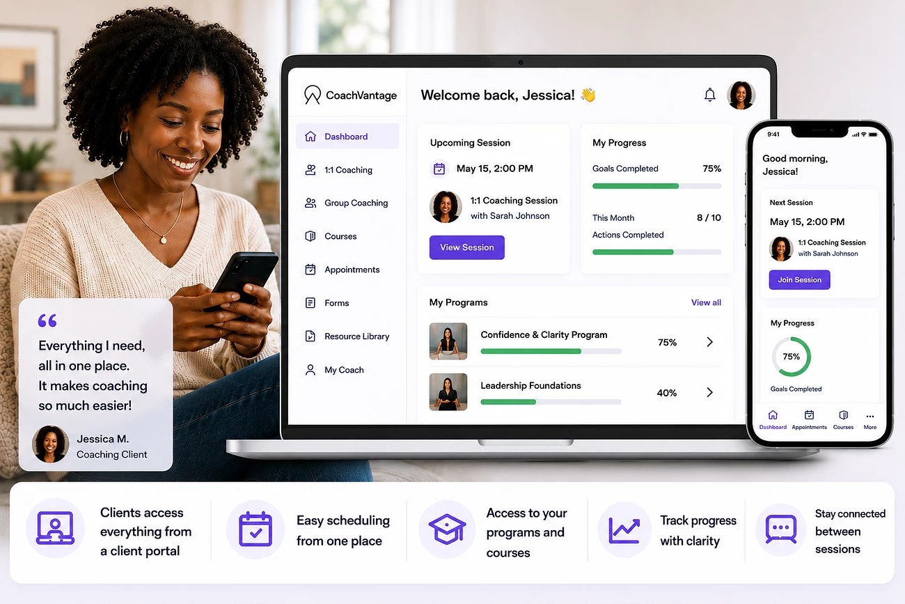 Coaching client using the CoachVantage client portal to access coaching programs and courses